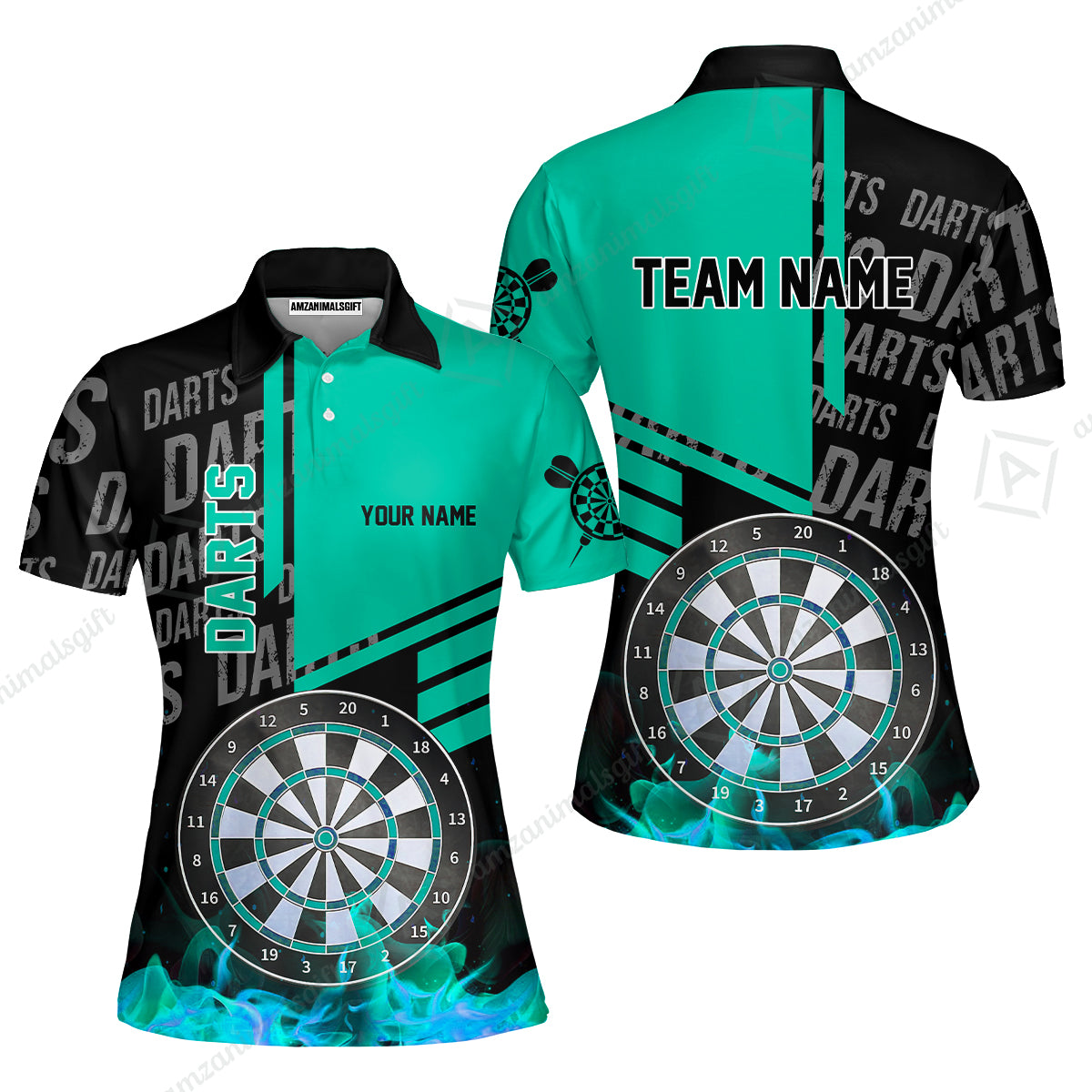 Custom Turquoise Fire Darts Unisex Polo, Custom Darts League Team Jersey Polo , Custom Darts Team Jerseys Uniform