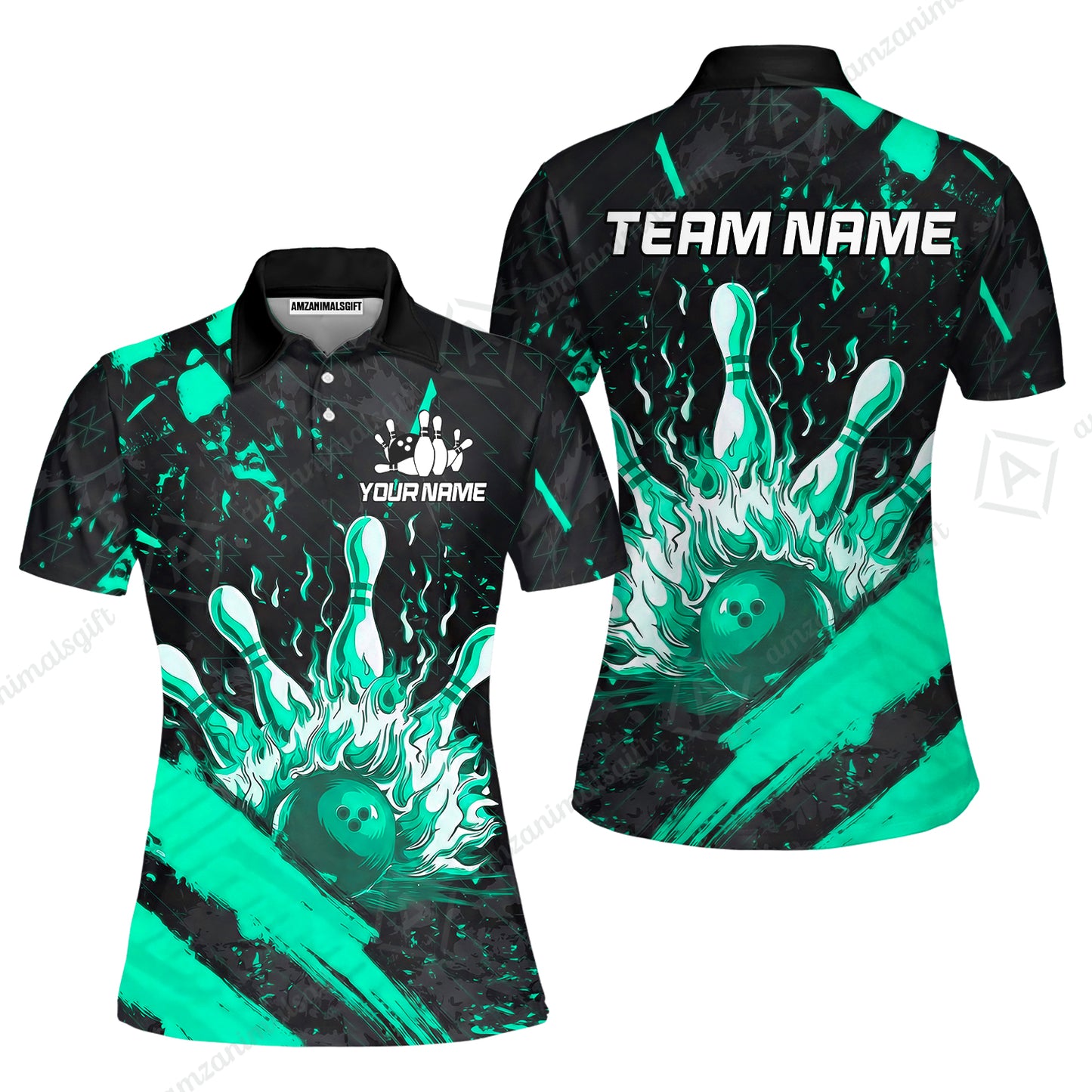 Customized Bowling Unisex Polo Shirt, Bowling And Pins Grunge Flame, Bowling Uniform - Personalized Name And Team Name