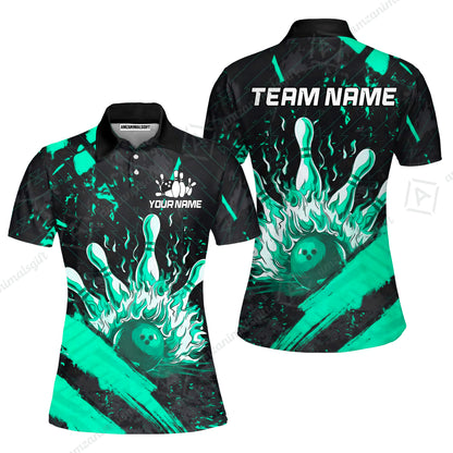 Customized Bowling Unisex Polo Shirt, Bowling And Pins Grunge Flame, Bowling Uniform - Personalized Name And Team Name