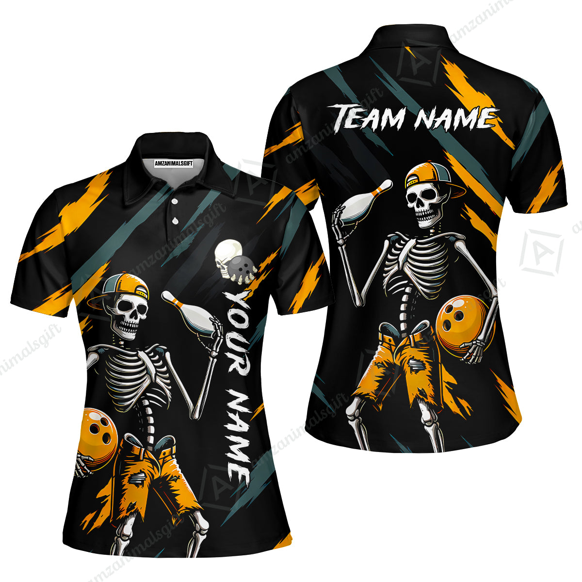 Customized Bowling Shirt, Bad Boy Skeleton Bowler, Personalized Polo Shirt For Players With Name & Team Name