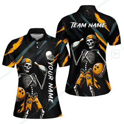 Customized Bowling Shirt, Bad Boy Skeleton Bowler, Personalized Polo Shirt For Players With Name & Team Name