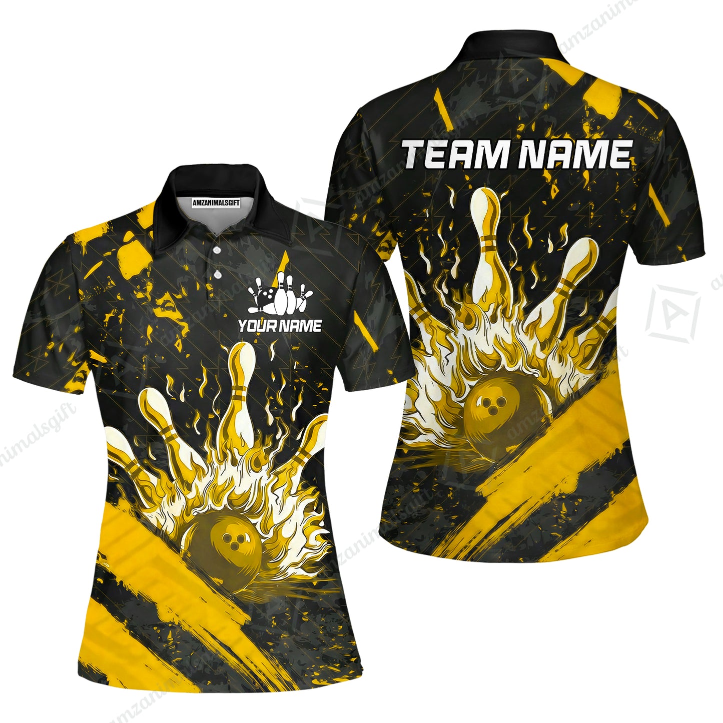 Customized Bowling Unisex Polo Shirt, Bowling And Pins Grunge Flame, Bowling Uniform - Personalized Name And Team Name