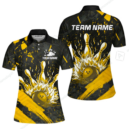 Customized Bowling Unisex Polo Shirt, Bowling And Pins Grunge Flame, Bowling Uniform - Personalized Name And Team Name