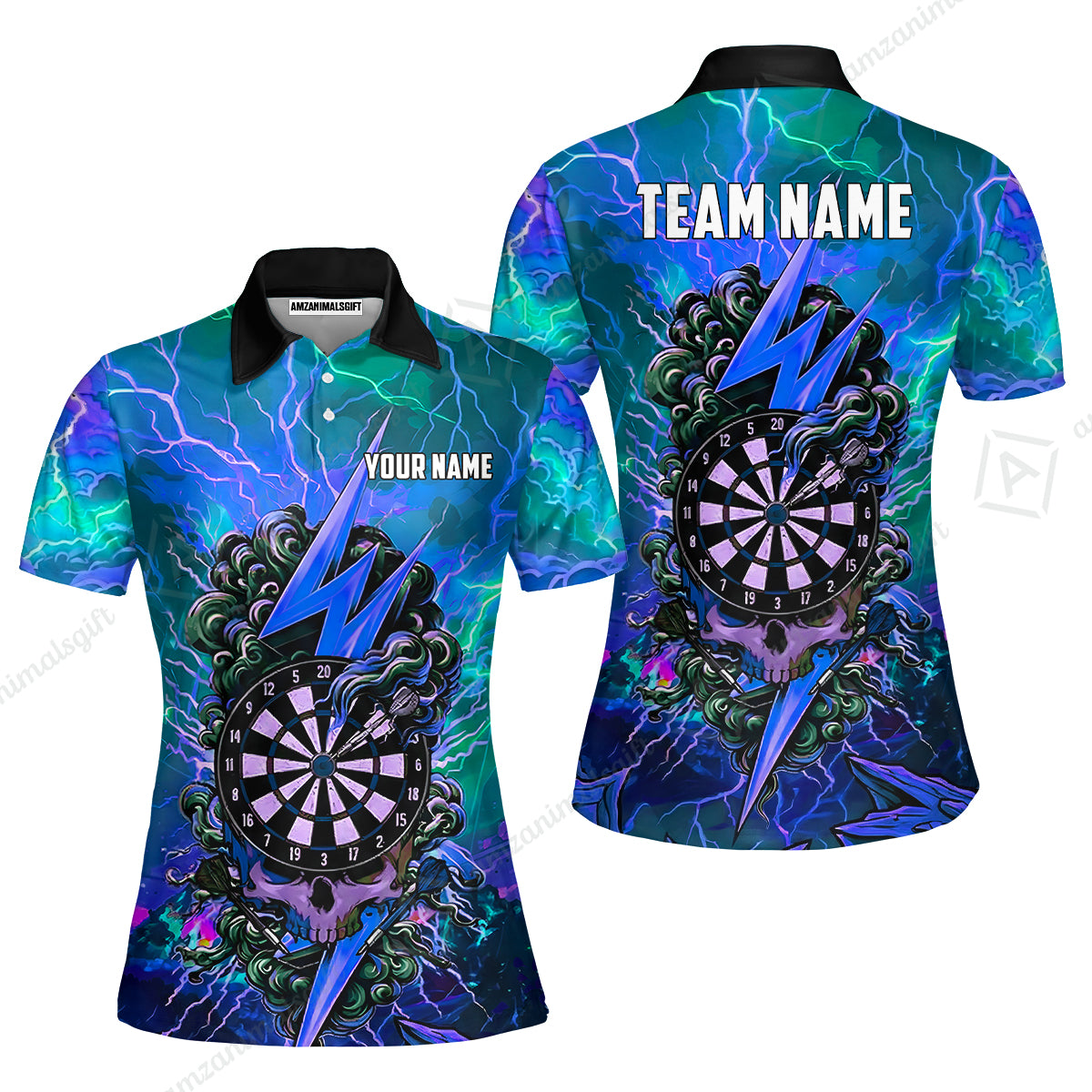 Custom Darts Team Jersey, Personalized Lightning Skull Dart Polo Shirt For Players With Name & Team Name