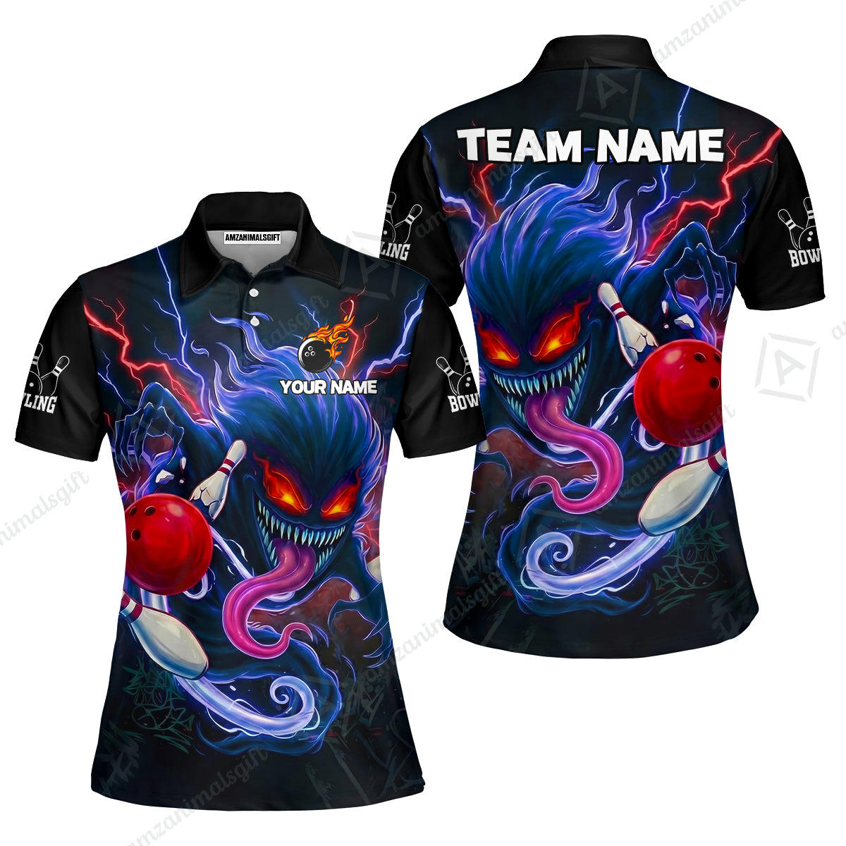 Customized Bowling Jerseys Polo Shirt, Evil Bowling Monster-Dark Bowling Spirit, Uniform Bowling - Personalized Name And Team Name