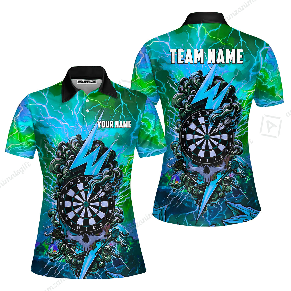Custom Darts Team Jersey, Personalized Lightning Skull Dart Polo Shirt For Players With Name & Team Name