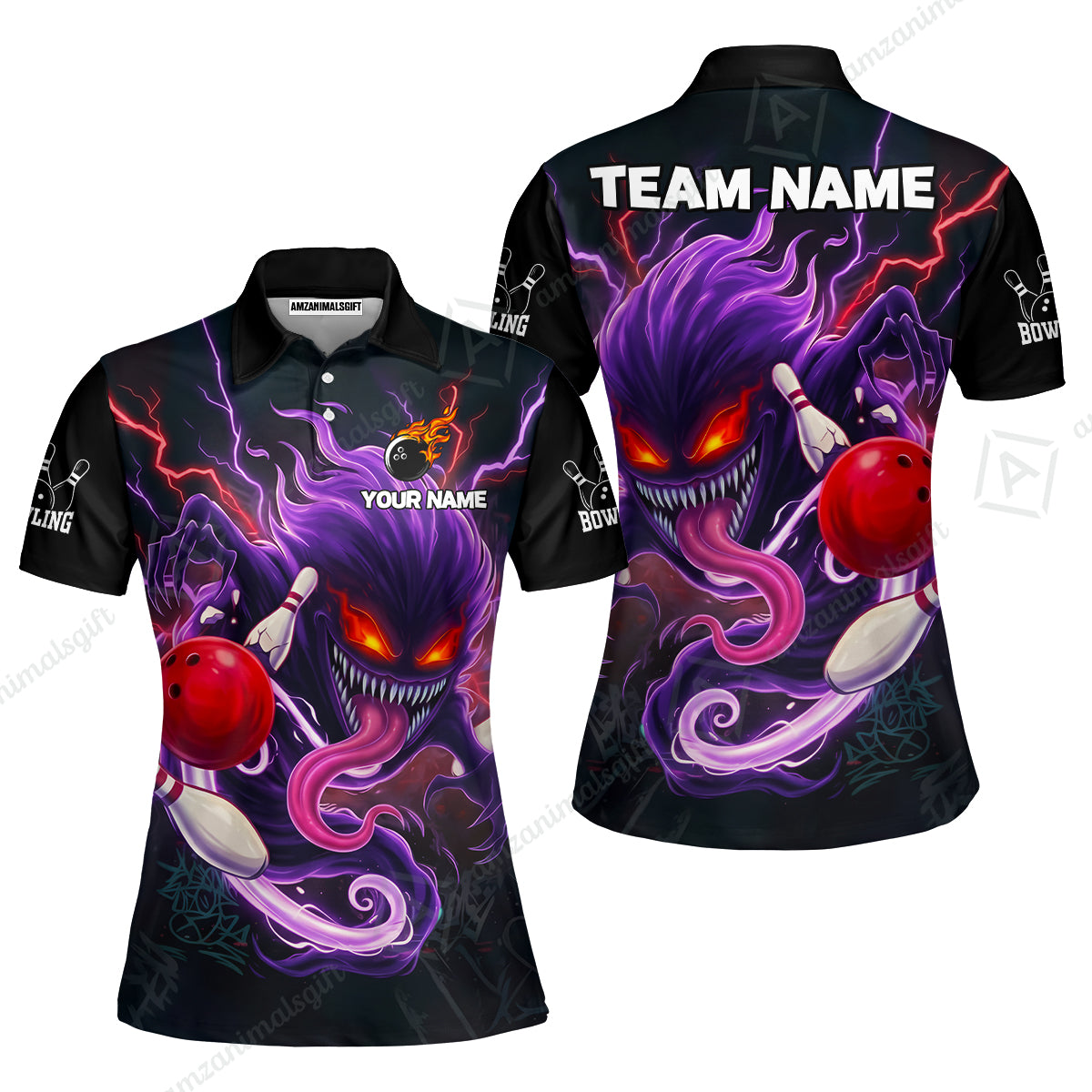 Customized Bowling Jerseys Polo Shirt, Evil Bowling Monster-Dark Bowling Spirit, Uniform Bowling - Personalized Name And Team Name