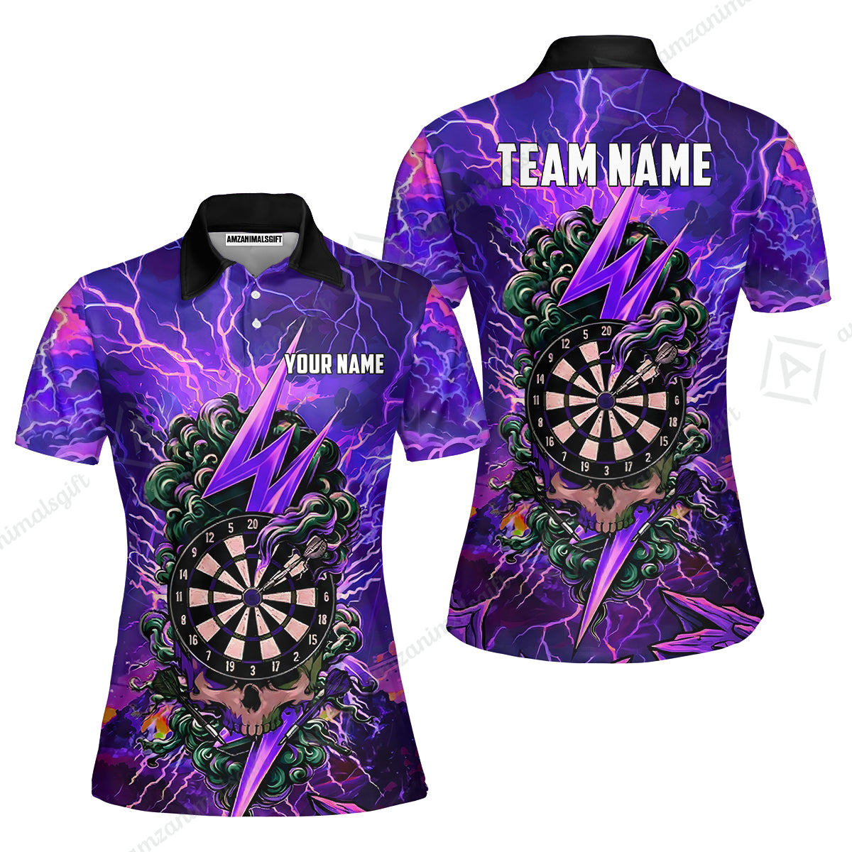 Custom Darts Team Jersey, Personalized Lightning Skull Dart Polo Shirt For Players With Name & Team Name