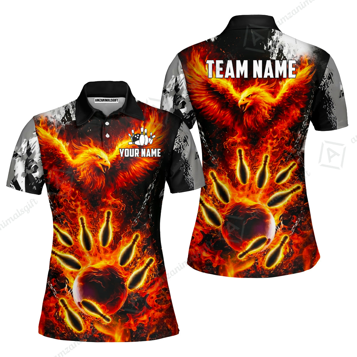 Custom Bowling Jersey Polo Shirt, Flaming Phoenix Bowling, Custom Bowling Jersey Team Shirt For Players With Name & Team Name