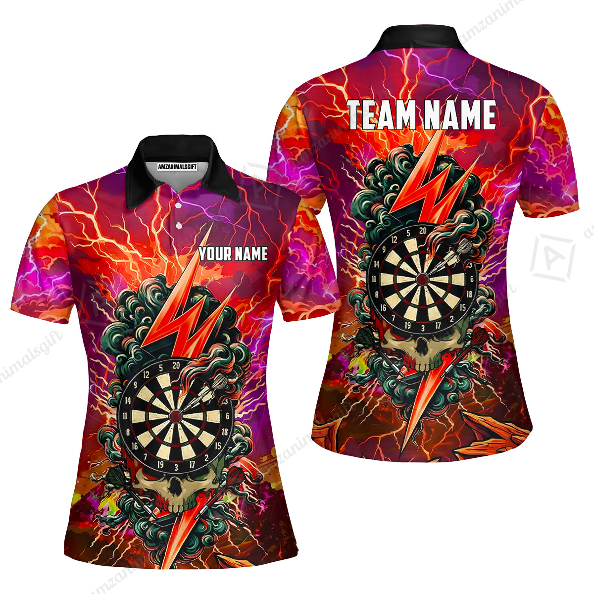 Custom Darts Team Jersey, Personalized Lightning Skull Dart Polo Shirt For Players With Name & Team Name