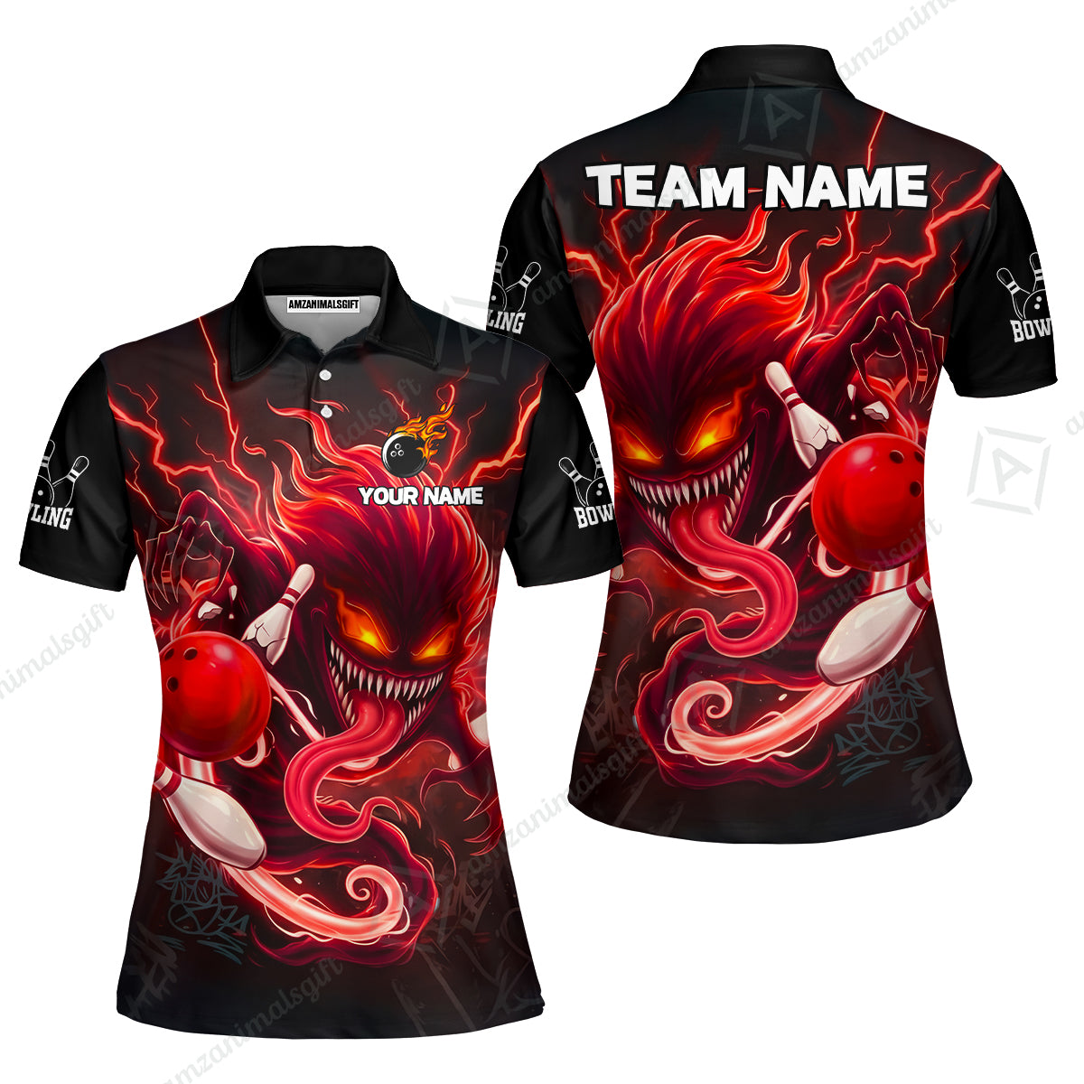 Customized Bowling Jerseys Polo Shirt, Evil Bowling Monster-Dark Bowling Spirit, Uniform Bowling - Personalized Name And Team Name