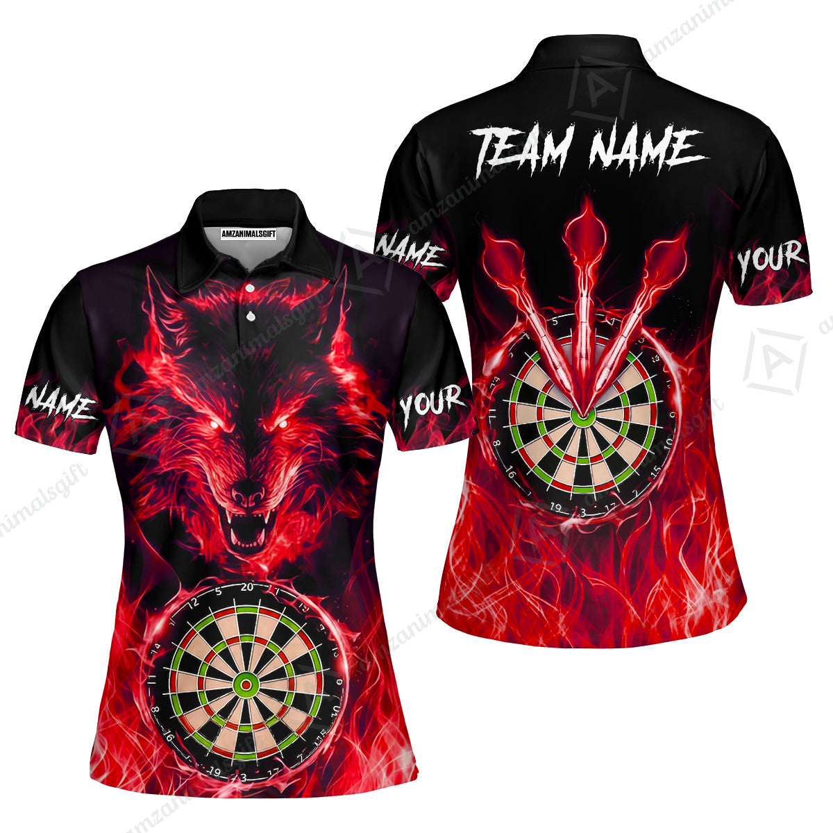 Custom Darts Jersey Polo Shirt, Dartboard Fierce Wolf Design, Uniform Dart - Personalized Name And Team Name