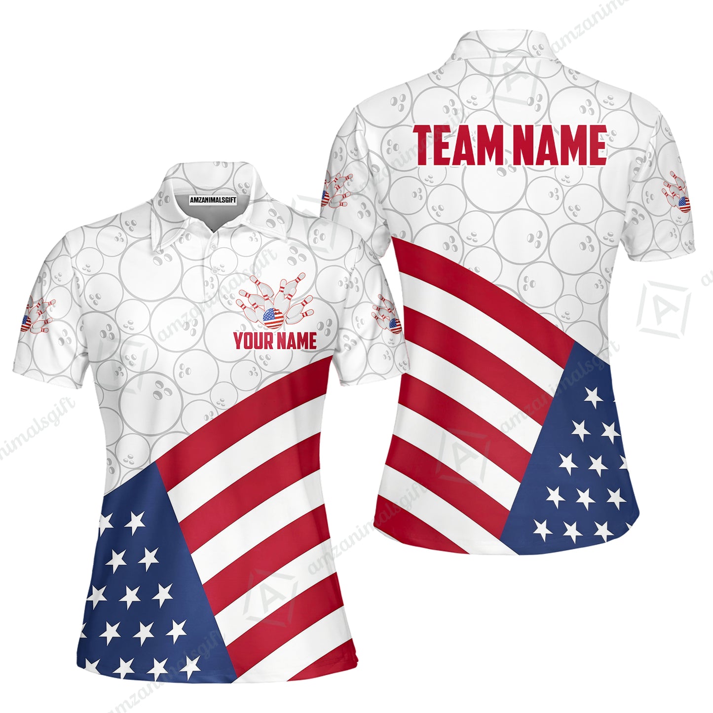 Custom Bowling Jersey Polo Shirt, Classic US Flag Diagonal Stars and Stripes, Custom Bowling Jersey Team Shirt For Players With Name and Team Name