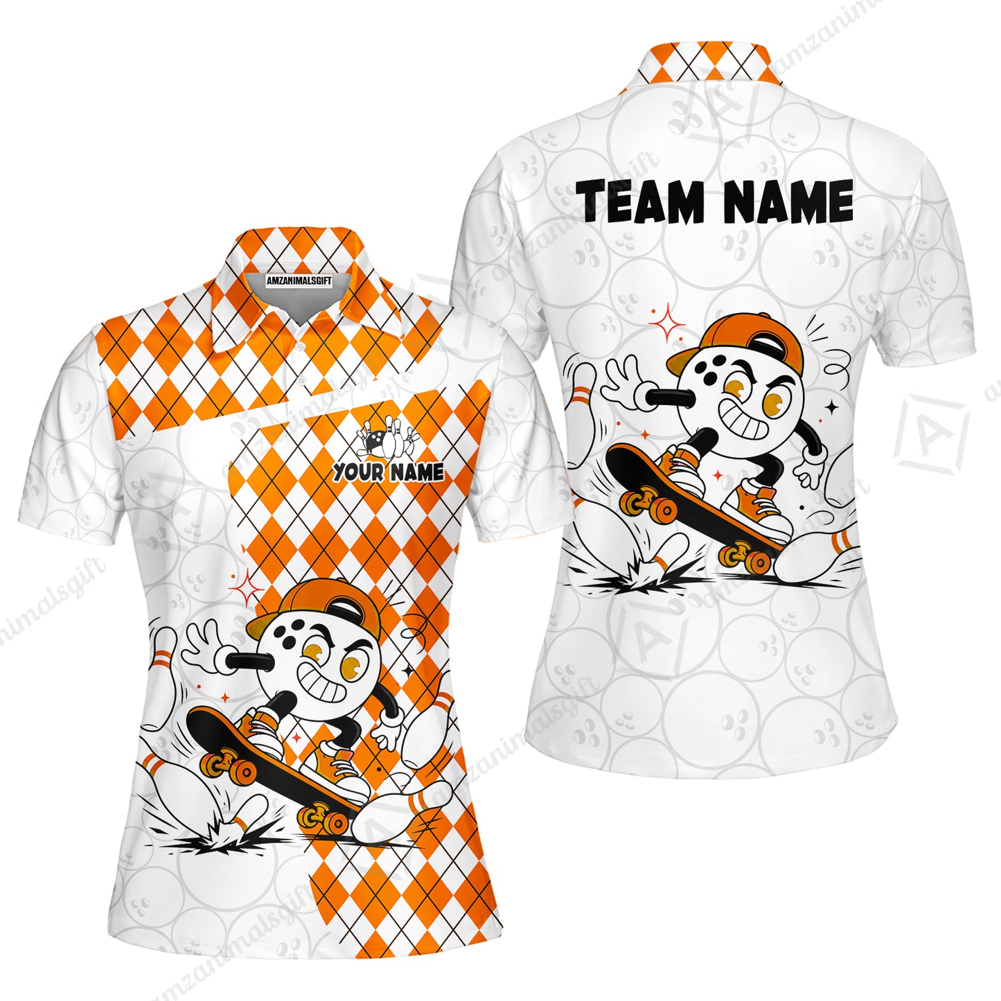 Custom Bowling Jersey Polo Shirt, Skateboarder Bowling Ball Mascot, Custom Bowling Jersey Team Shirt For Players With Name and Team Name