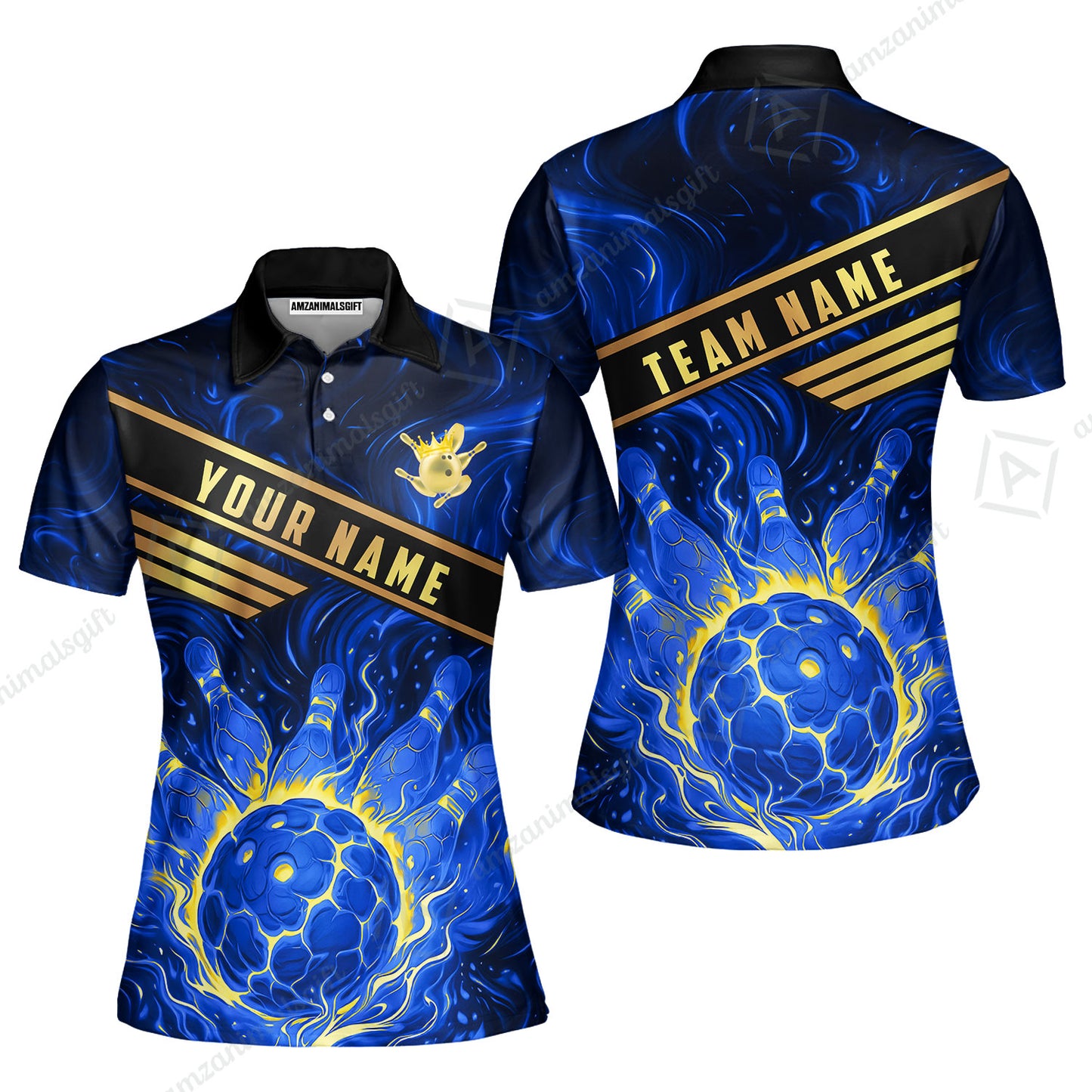 Custom Bowling Polo Shirt, Glowing Bowling Ball and Pins Custom Bowling Polo Team Shirt For Players With Name & Team Name