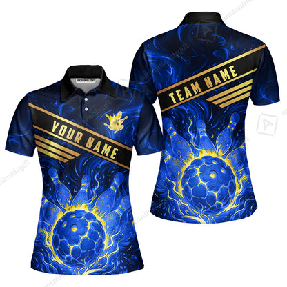 Custom Bowling Polo Shirt, Glowing Bowling Ball and Pins Custom Bowling Polo Team Shirt For Players With Name & Team Name