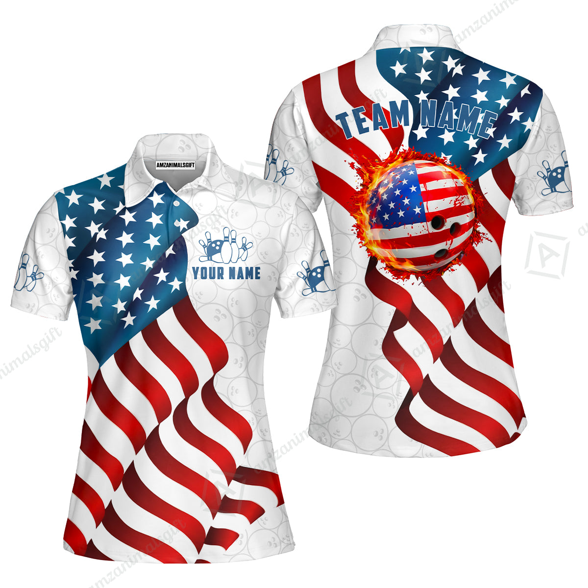 Custom Bowling Jersey Polo Shirt, Patriotic Waving USA Flag Fireball, Custom Bowling Jersey Team Shirt For Players With Name and Team Name