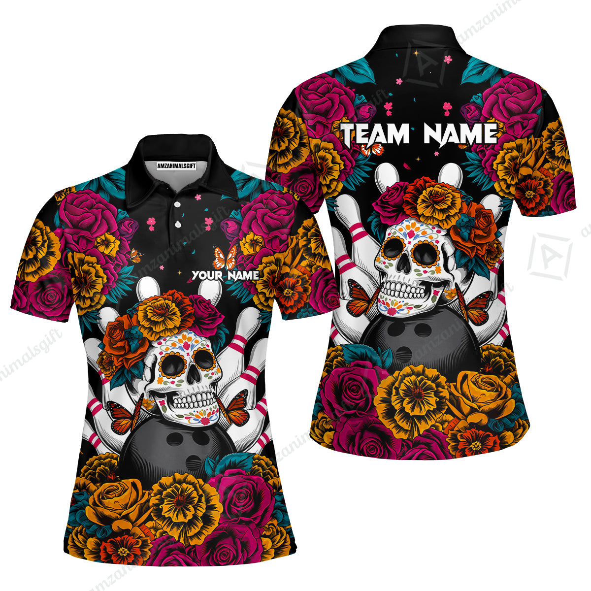 Custom Bowling Jersey Polo Shirt, Floral Skull Bowling, Personalize Name and Team Name