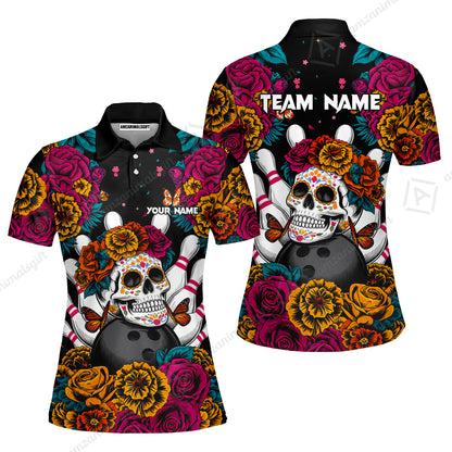 Custom Bowling Jersey Polo Shirt, Floral Skull Bowling, Personalize Name and Team Name