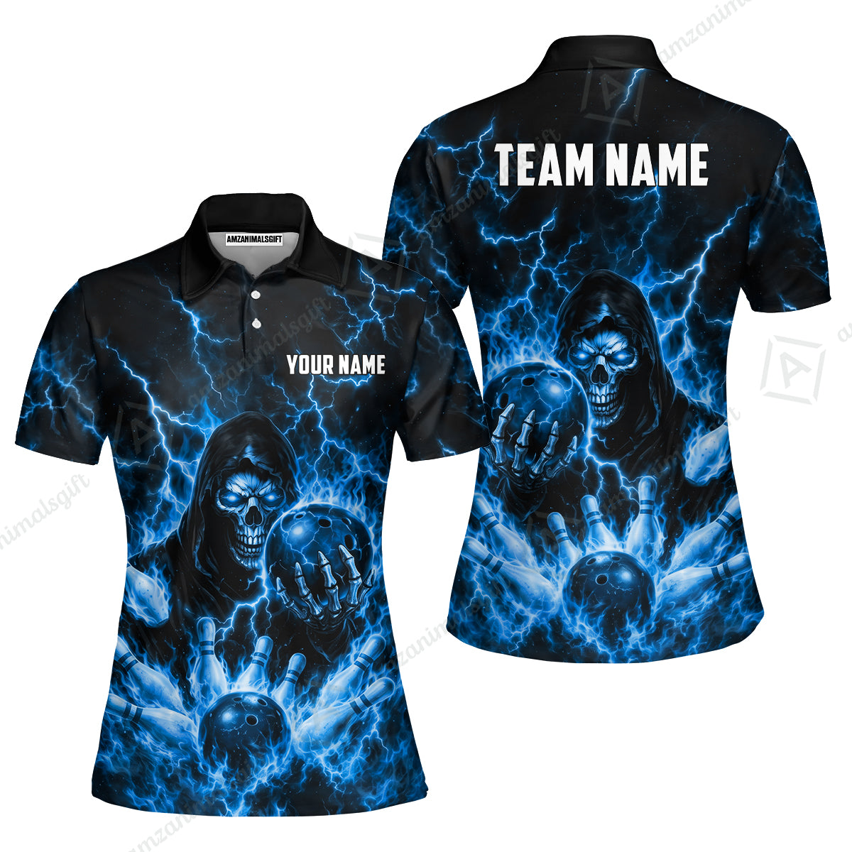 Custom Bowling Jersey Polo Shirt, Lightning Grim Reaper, Custom Bowling Jersey Team Shirt For Players With Name & Team Name