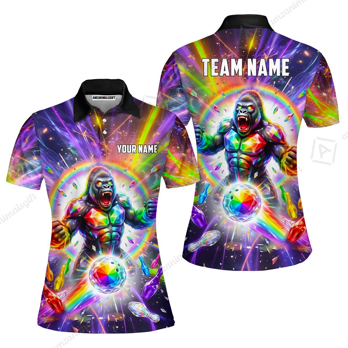 Custom Bowling Jersey Polo Shirt, Rainbow Gemstone Gorilla, Custom Bowling Jersey Team Shirt For Players With Name and Team Name