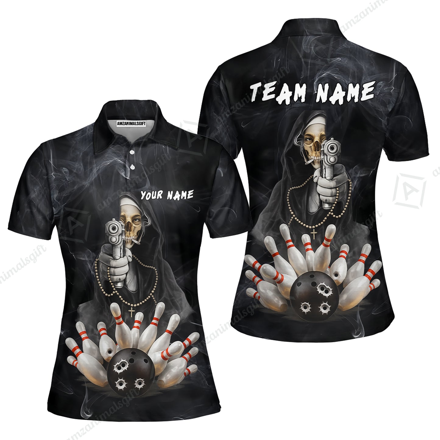 Custom Bowling Jersey Polo Shirt, Badass Smoking Skeleton Nun Gun Strike, Custom Bowling Jersey Team Shirt For Players With Name & Team Name