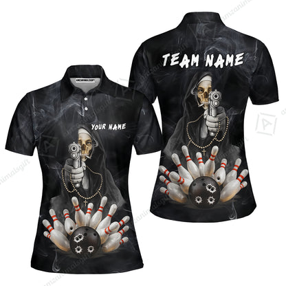 Custom Bowling Jersey Polo Shirt, Badass Smoking Skeleton Nun Gun Strike, Custom Bowling Jersey Team Shirt For Players With Name & Team Name
