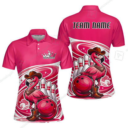 Custom Women Polo Shirt, Western Flamingo, Custom Bowling Women Polo Team Shirt For Players With Name & Team Name