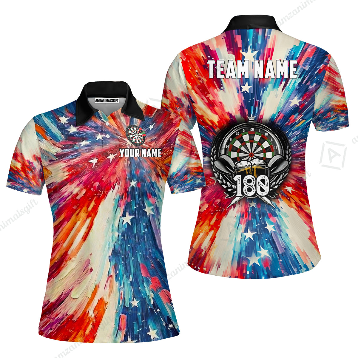 Custom Darts Team Jersey, Personalized 180 Beer USA Color Splash Darts Polo Shirt For Players With Name & Team Name