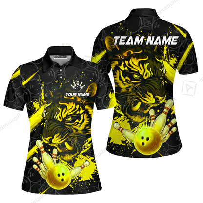 Customized Bowling Unisex Polo Shirt, Tiger Ball Striking Pins, Bowling Uniforms, Personalized Name And Team Name