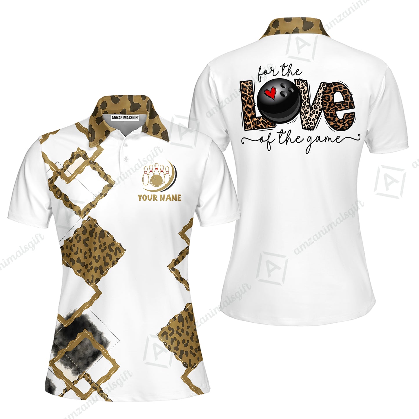 Custom Bowling Jersey Polo Shirt, Chic Leopard Print Love of the Game, Custom Bowling Jersey Team Shirt For Players With Name and Team Name