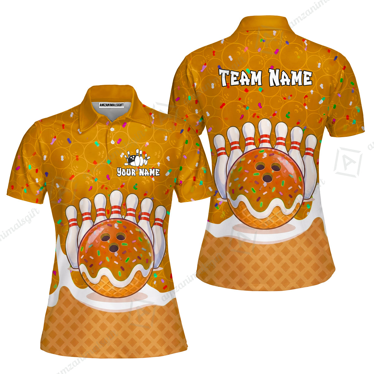 Custom Bowling Jersey Polo Shirt, Bowling Sprinkles Ice Cream Cone, Personalized Name & Team Name