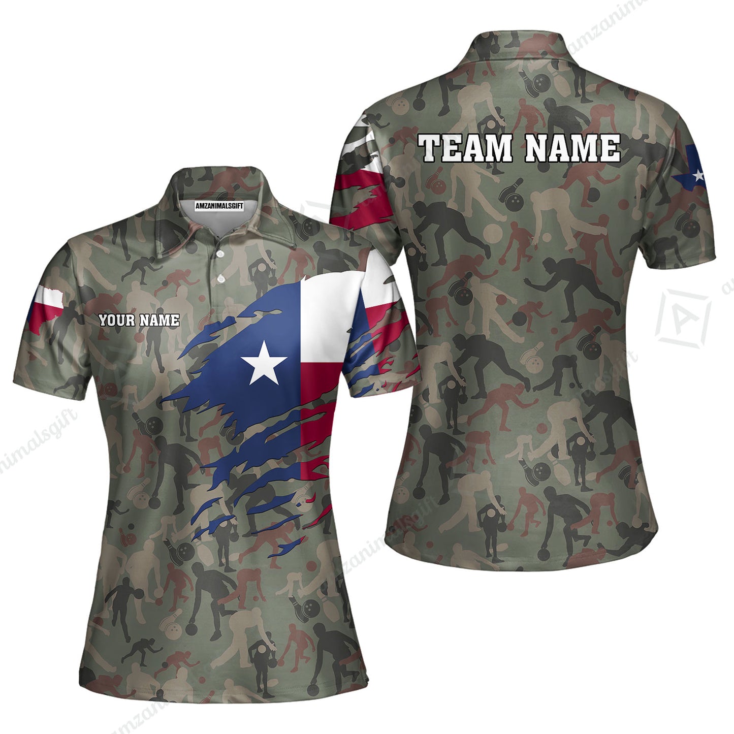 Custom Bowling Jersey Polo Shirt, Texas Flag Woodland Green Camouflage, Custom Bowling Jersey Team Shirt For Players With Name and Team Name
