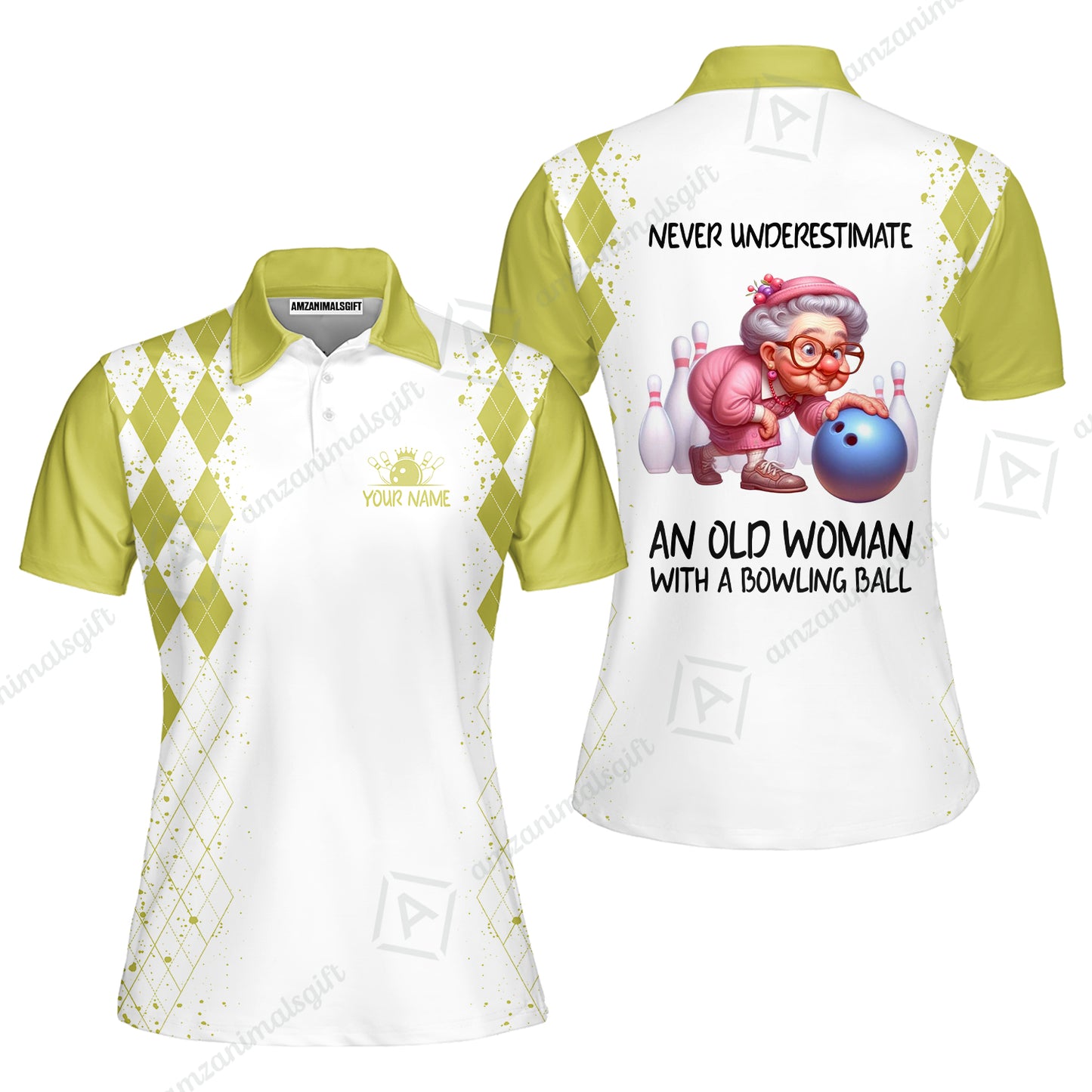 Custom Bowling Jersey Polo Shirt, Never Underestimate An Old Woman With A Bowling Ball, Personalized Name & Team Name