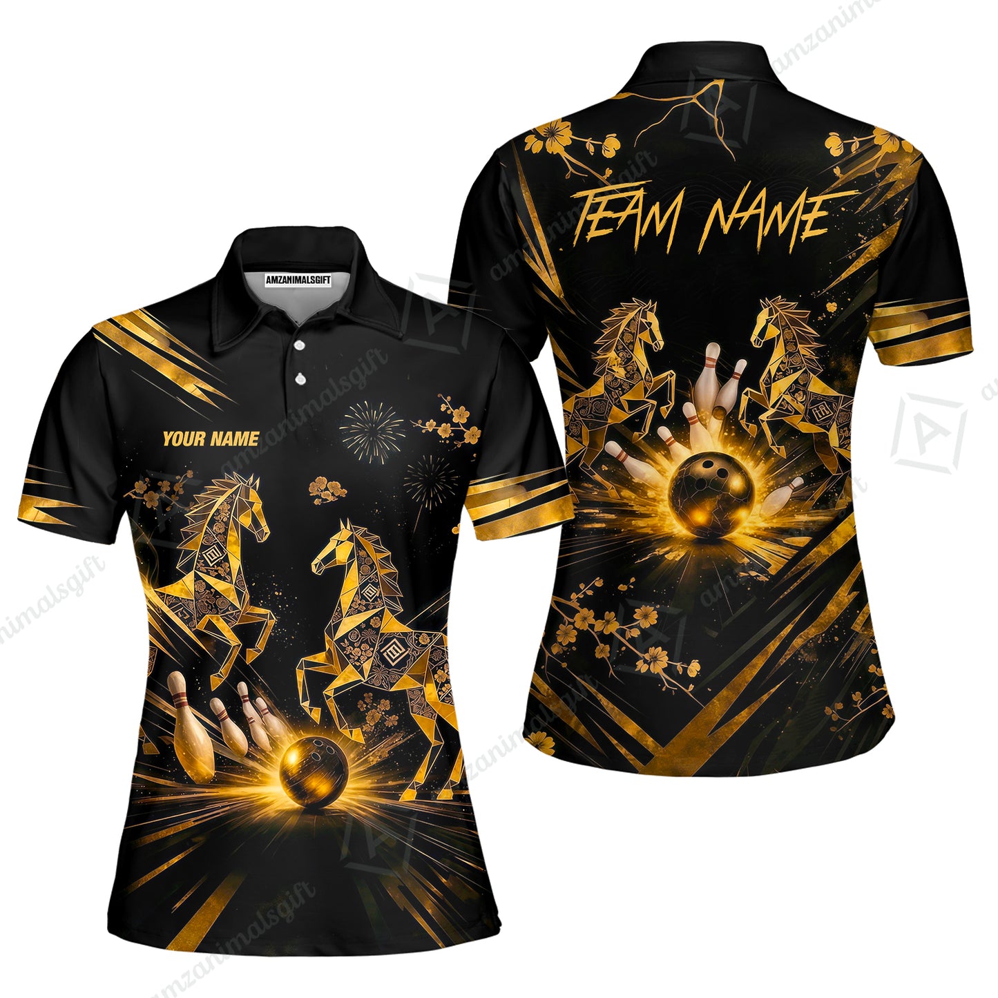 Custom Bowling Jersey Polo Shirt, Black Gold Horse, Custom Bowling Jersey Team Shirt For Players With Name & Team Name