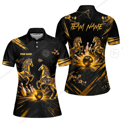 Custom Bowling Jersey Polo Shirt, Black Gold Horse, Custom Bowling Jersey Team Shirt For Players With Name & Team Name