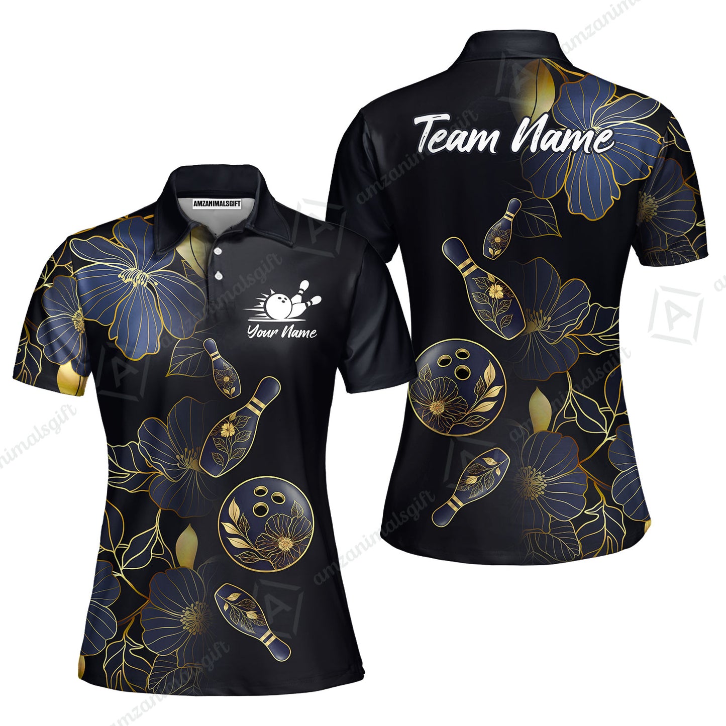 Custom Bowling Jersey Polo Shirt, Flower Bowling Pattern Gradient Gold, Custom Bowling Jersey Team Shirt For Players With Name and Team Name