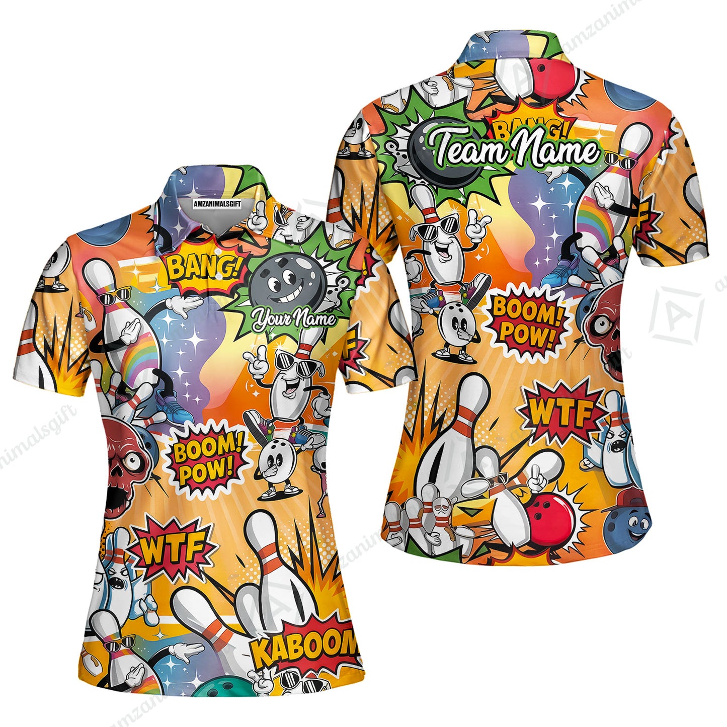 Custom Bowling Jersey Polo Shirt, Pop Art Bowling Blast Custom Bowling Jersey Team Shirt For Players With Name & Team Name