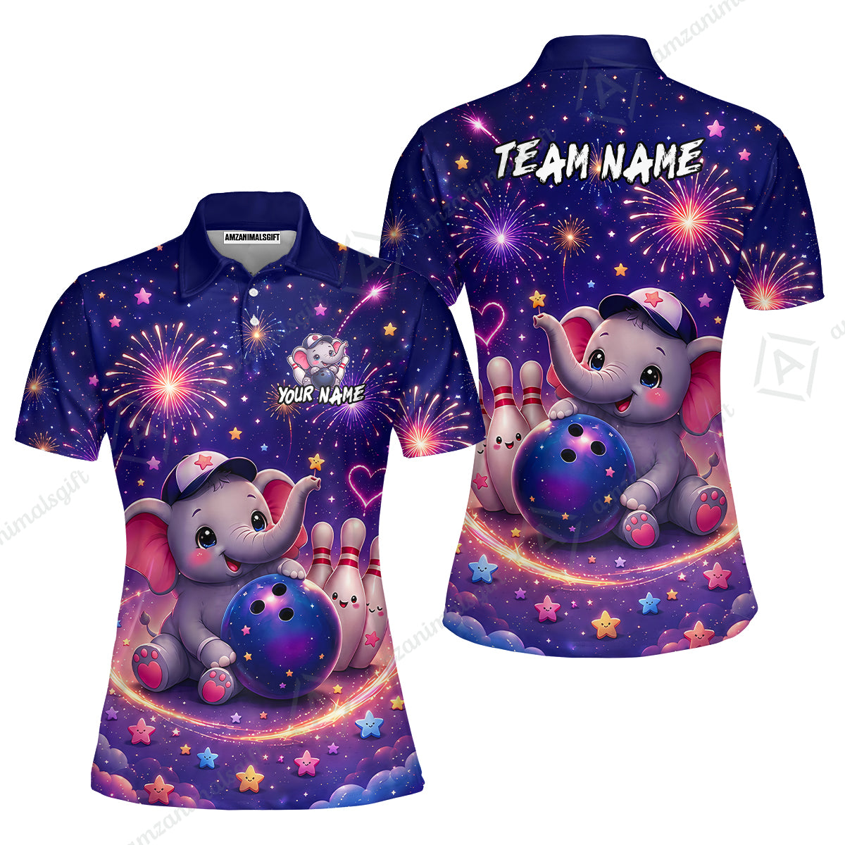 Custom Bowling Jersey Polo Shirt, Cute Elephant Holding Ball, Personalize Name and Team Name