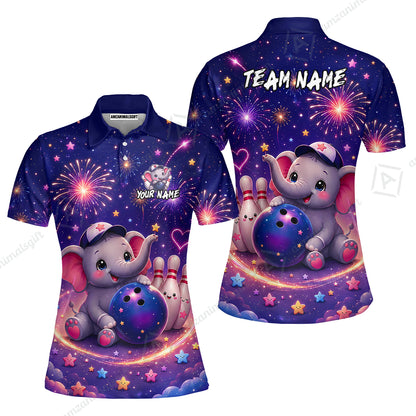 Custom Bowling Jersey Polo Shirt, Cute Elephant Holding Ball, Personalize Name and Team Name