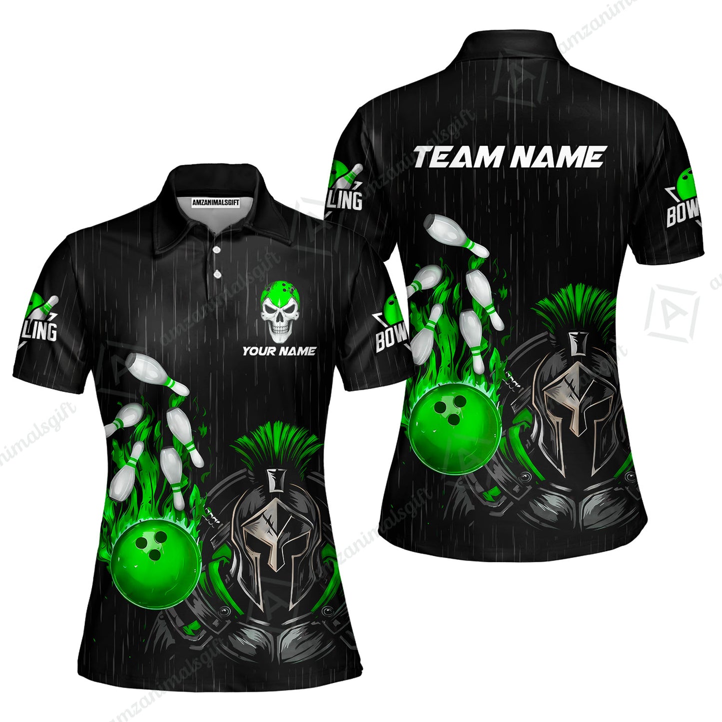 Custom Bowling Jersey Polo Shirt, Fire Bowling Knight Rain Skull Logo, Personalize Name & Team Name
