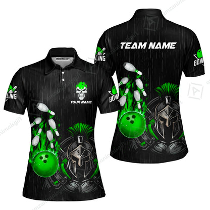 Custom Bowling Jersey Polo Shirt, Fire Bowling Knight Rain Skull Logo, Personalize Name & Team Name