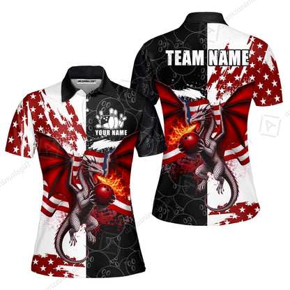 Custom Bowling Jersey Polo Shirt, Patriotic Fire Dragon Split Contrast, Custom Bowling Jersey Team Shirt For Players With Name and Team Name