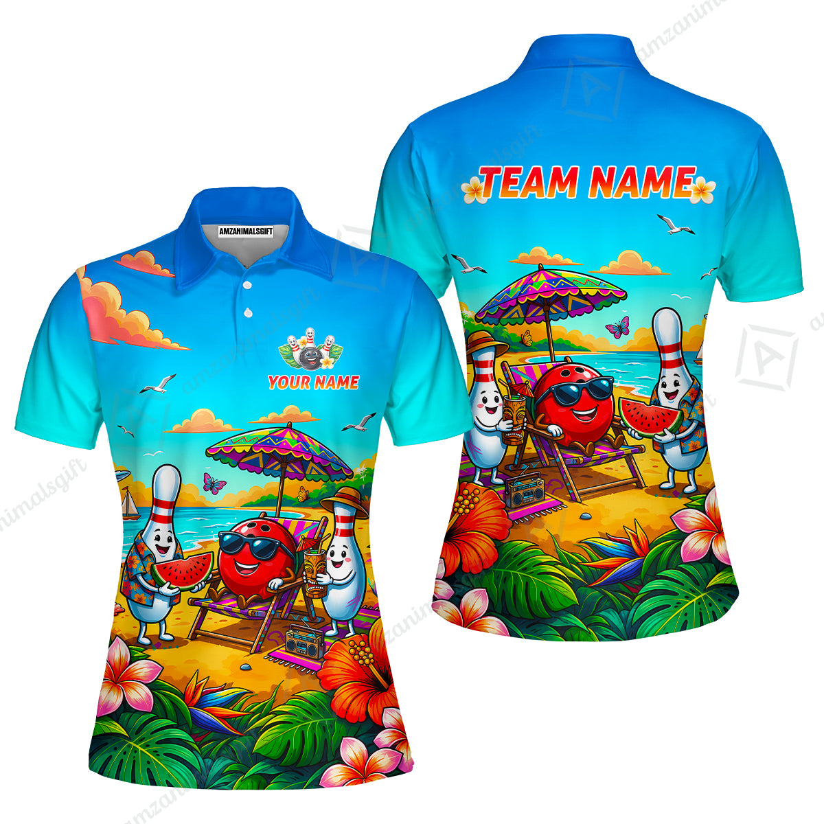 Custom Bowling Jersey Polo Shirt, Tropical Strikes, Custom Bowling Jersey Team Shirt For Players With Name and Team Name