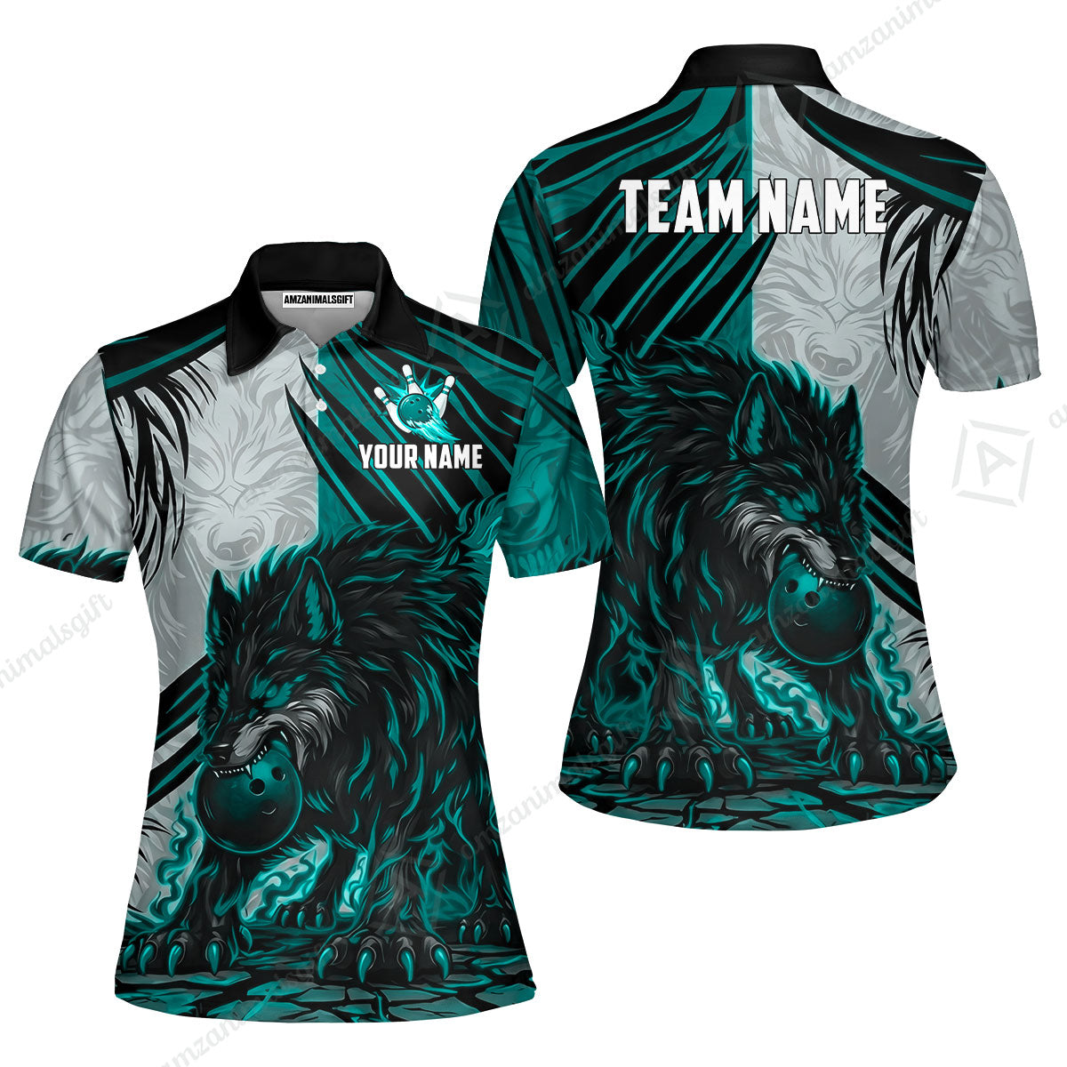 Custom Bowling Jersey Polo Shirt, Lone Wolf Strike & Emerald Frost, Custom Bowling Jersey Team Shirt For Players With Name & Team Name