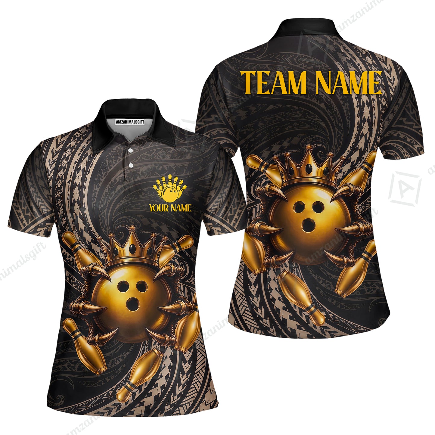 Custom Bowling Jersey Polo Shirt, Maori Tattoo Bowling Crown Gold Color, Custom Bowling Jersey Team Shirt For Players With Name and Team Name