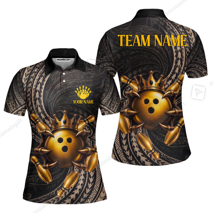 Custom Bowling Jersey Polo Shirt, Maori Tattoo Bowling Crown Gold Color, Custom Bowling Jersey Team Shirt For Players With Name and Team Name