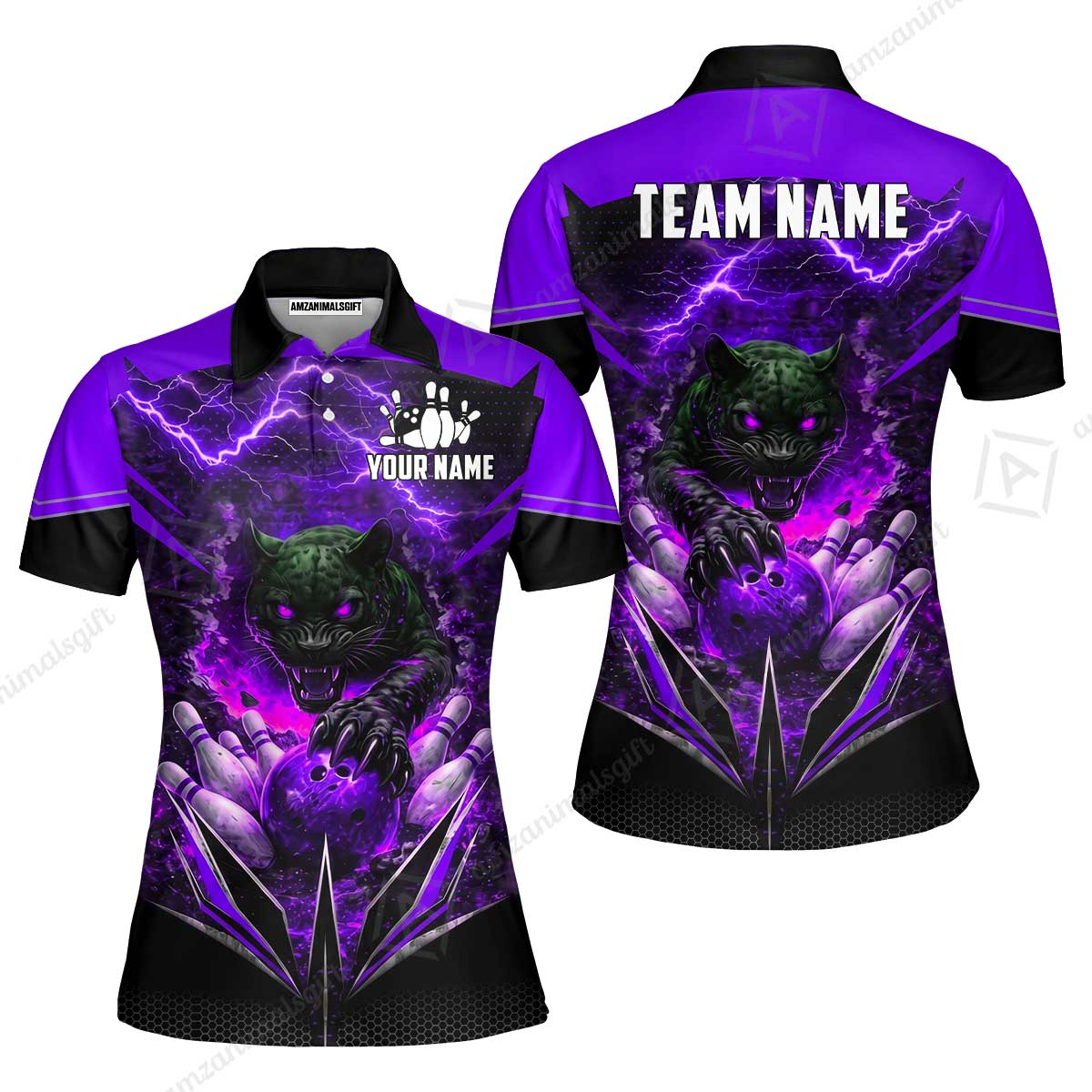 Custom Bowling Jersey Polo Shirt, Electric Panther Bowling, Personalized Name & Team Name