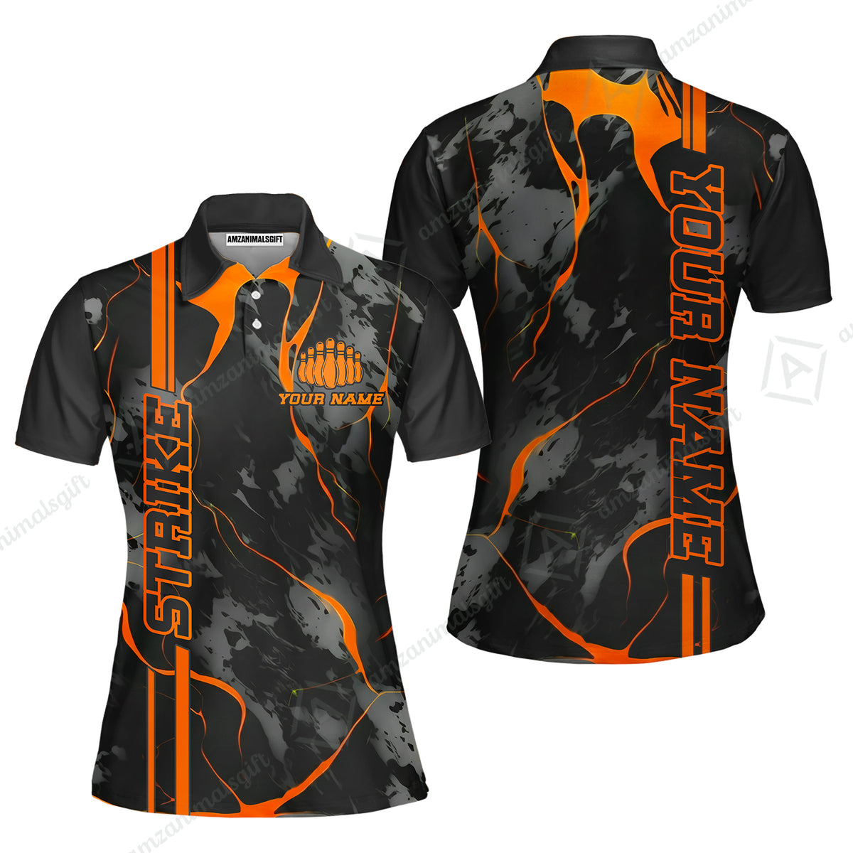 Custom Orange Strike, Bowling Shirts Men Polo Orange Camo, Bowling Team Jerseys