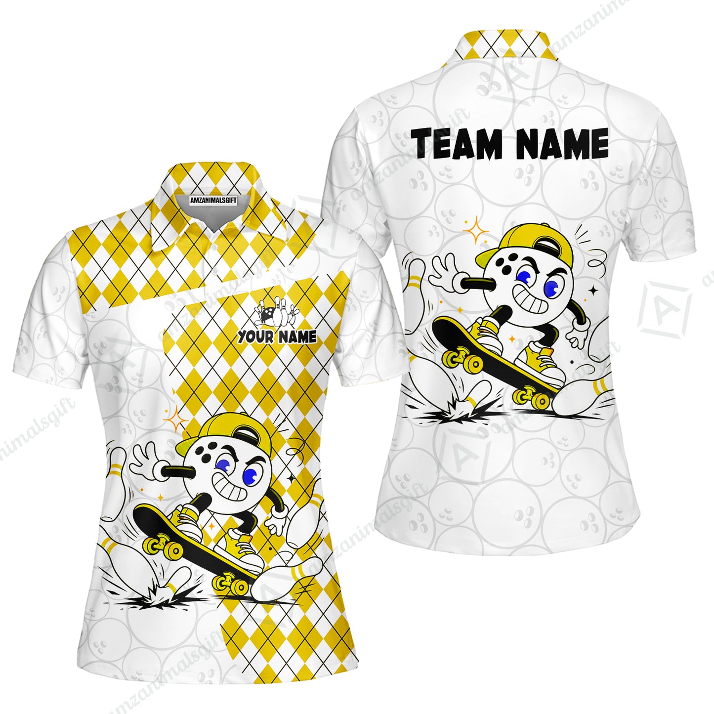 Custom Bowling Jersey Polo Shirt, Skateboarder Bowling Ball Mascot, Custom Bowling Jersey Team Shirt For Players With Name and Team Name